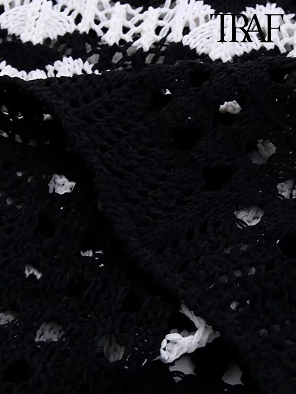 TRAF Sieviešu modes svītrains šenila apgriezts trikotāžas džemperis Vintage O kakla ar garām piedurknēm Sieviešu džemperi Šiki topi