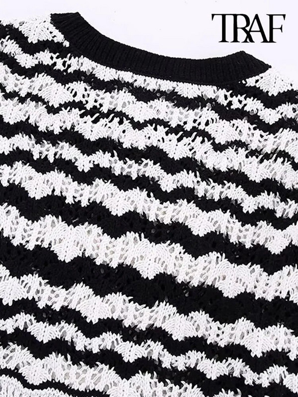 TRAF Sieviešu modes svītrains šenila apgriezts trikotāžas džemperis Vintage O kakla ar garām piedurknēm Sieviešu džemperi Šiki topi