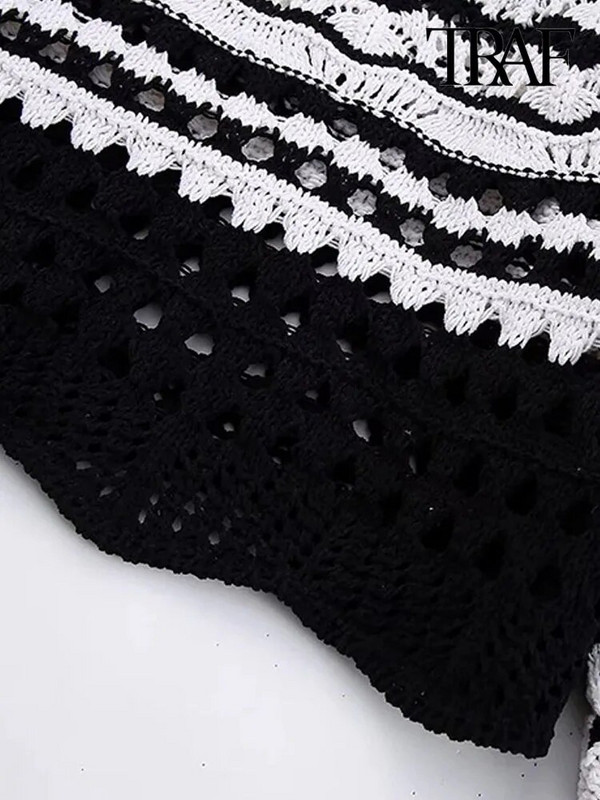 TRAF Sieviešu modes svītrains šenila apgriezts trikotāžas džemperis Vintage O kakla ar garām piedurknēm Sieviešu džemperi Šiki topi