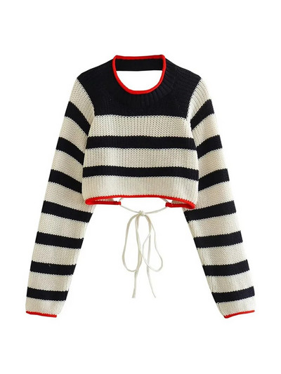 Γυναικεία μόδα εξώπλατη TRAF με δεμένο ριγέ Crop πλεκτό πουλόβερ Vintage O λαιμό μακρυμάνικο γυναικείο πουλόβερ Chic τοπ