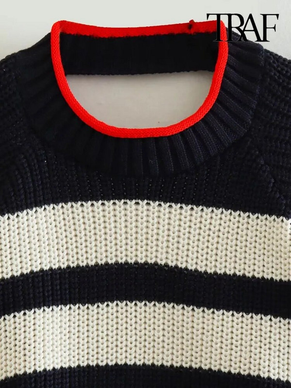 Γυναικεία μόδα εξώπλατη TRAF με δεμένο ριγέ Crop πλεκτό πουλόβερ Vintage O λαιμό μακρυμάνικο γυναικείο πουλόβερ Chic τοπ