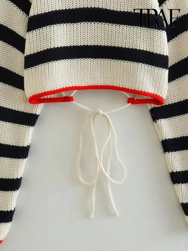 Γυναικεία μόδα εξώπλατη TRAF με δεμένο ριγέ Crop πλεκτό πουλόβερ Vintage O λαιμό μακρυμάνικο γυναικείο πουλόβερ Chic τοπ