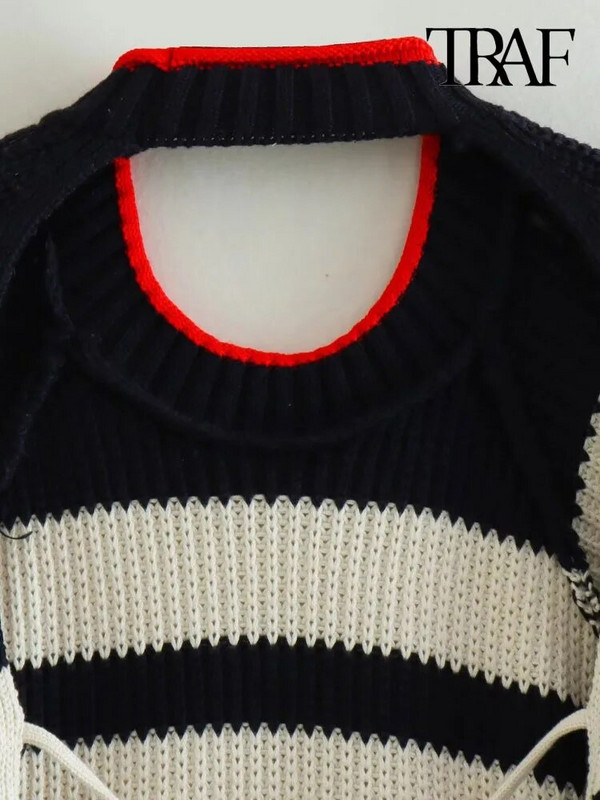 Γυναικεία μόδα εξώπλατη TRAF με δεμένο ριγέ Crop πλεκτό πουλόβερ Vintage O λαιμό μακρυμάνικο γυναικείο πουλόβερ Chic τοπ