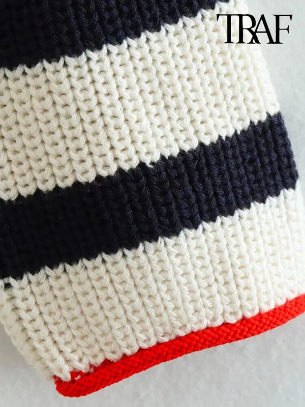 Γυναικεία μόδα εξώπλατη TRAF με δεμένο ριγέ Crop πλεκτό πουλόβερ Vintage O λαιμό μακρυμάνικο γυναικείο πουλόβερ Chic τοπ