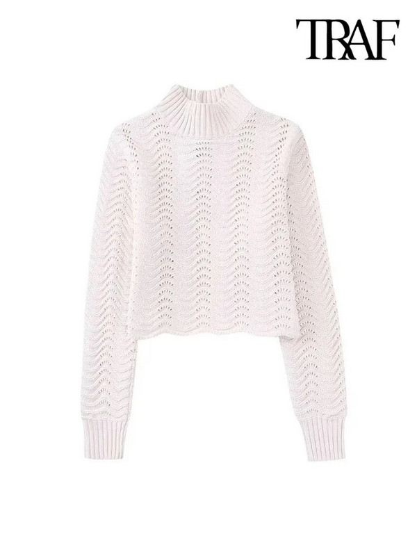 TRAF Sieviešu modes, mīksta pieskāriena šenila džemperis, apgriezts trikotāžas džemperis ar augstu kakla izgriezumu, garām piedurknēm, sieviešu džemperi, eleganti topi