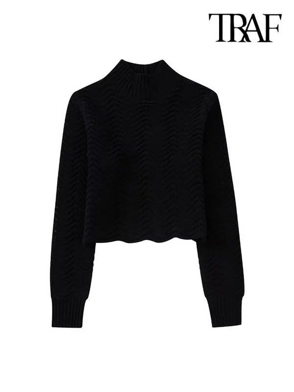 TRAF Sieviešu modes, mīksta pieskāriena šenila džemperis, apgriezts trikotāžas džemperis ar augstu kakla izgriezumu, garām piedurknēm, sieviešu džemperi, eleganti topi