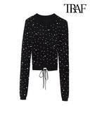 Γυναικεία μαργαριτάρια μόδας Cropped πλεκτό πουλόβερ σέξι εξώπλατο με δεμένα μακρυμάνικα γυναικεία πουλόβερ Chic τοπ