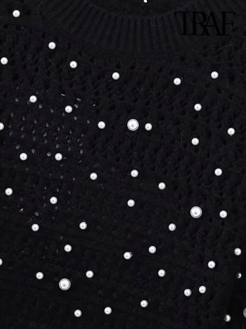 Γυναικεία μαργαριτάρια μόδας Cropped πλεκτό πουλόβερ σέξι εξώπλατο με δεμένα μακρυμάνικα γυναικεία πουλόβερ Chic τοπ