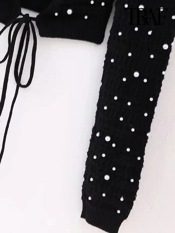 Γυναικεία μαργαριτάρια μόδας Cropped πλεκτό πουλόβερ σέξι εξώπλατο με δεμένα μακρυμάνικα γυναικεία πουλόβερ Chic τοπ