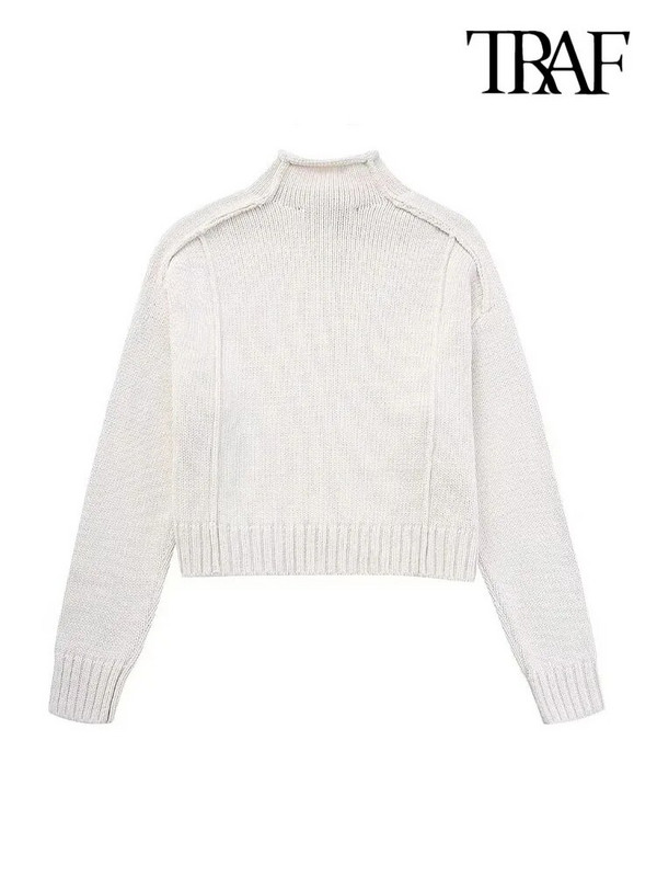 TRAF sieviešu modes ar izteiktu šuvju džemperis Vintage ar augstu kakla izgriezumu ar garām piedurknēm sieviešu džemperi, eleganti topi