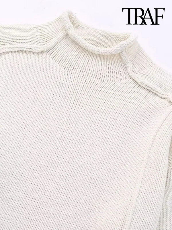 TRAF sieviešu modes ar izteiktu šuvju džemperis Vintage ar augstu kakla izgriezumu ar garām piedurknēm sieviešu džemperi, eleganti topi