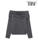 TRAF-sieviešu drapēts trikotāžas džemperis, taisns kakla izgriezums, garām piedurknēm, sieviešu džemperi, eleganti topi, metāliskas aplikācijas, mode