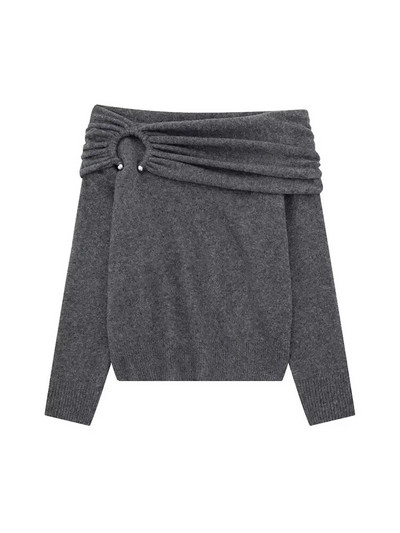 TRAF-sieviešu drapēts trikotāžas džemperis, taisns kakla izgriezums, garām piedurknēm, sieviešu džemperi, eleganti topi, metāliskas aplikācijas, mode