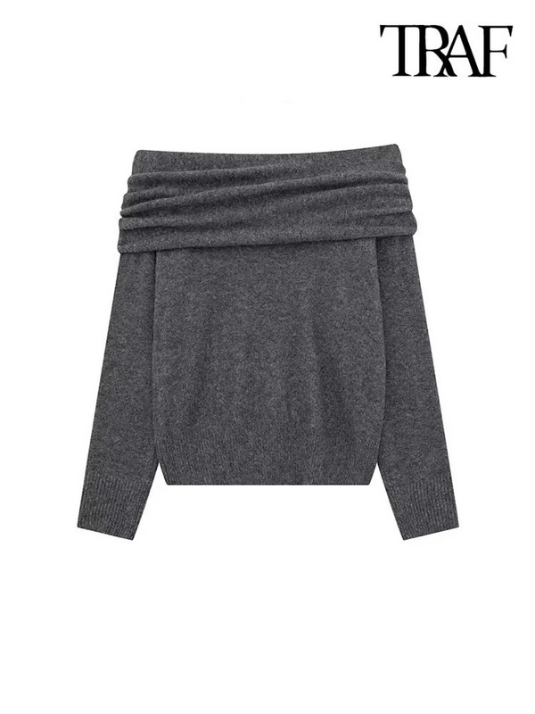 TRAF-sieviešu drapēts trikotāžas džemperis, taisns kakla izgriezums, garām piedurknēm, sieviešu džemperi, eleganti topi, metāliskas aplikācijas, mode