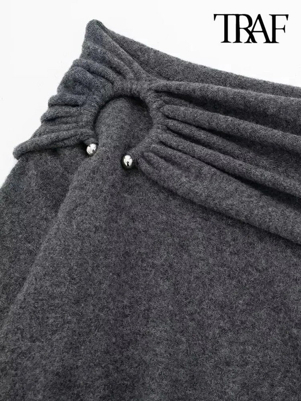 TRAF-sieviešu drapēts trikotāžas džemperis, taisns kakla izgriezums, garām piedurknēm, sieviešu džemperi, eleganti topi, metāliskas aplikācijas, mode