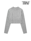 TRAF Sieviešu modes apgriezts trikotāžas džemperis Vintage O kakla ar garām piedurknēm Sieviešu džemperi Šiki topi