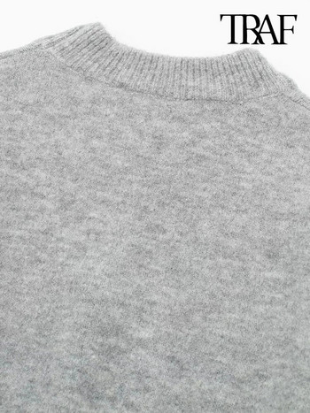 TRAF Γυναικεία μόδα Πλεκτό πουλόβερ Vintage O λαιμό μακρυμάνικο Γυναικεία πουλόβερ Κομψά μπλουζάκια