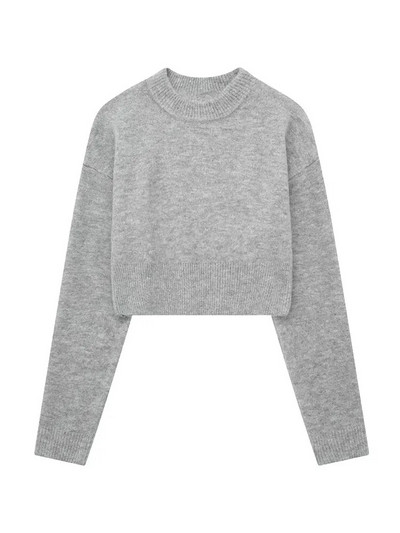 TRAF Sieviešu modes apgriezts trikotāžas džemperis Vintage O kakla ar garām piedurknēm Sieviešu džemperi Šiki topi