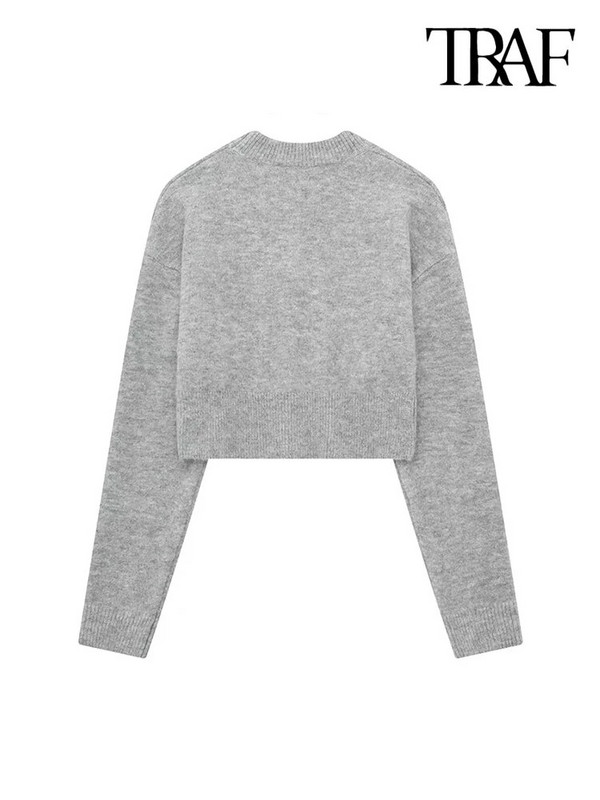 TRAF Sieviešu modes apgriezts trikotāžas džemperis Vintage O kakla ar garām piedurknēm Sieviešu džemperi Šiki topi