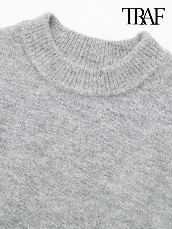 TRAF Sieviešu modes apgriezts trikotāžas džemperis Vintage O kakla ar garām piedurknēm Sieviešu džemperi Šiki topi
