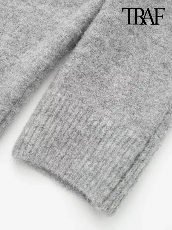 TRAF Sieviešu modes apgriezts trikotāžas džemperis Vintage O kakla ar garām piedurknēm Sieviešu džemperi Šiki topi