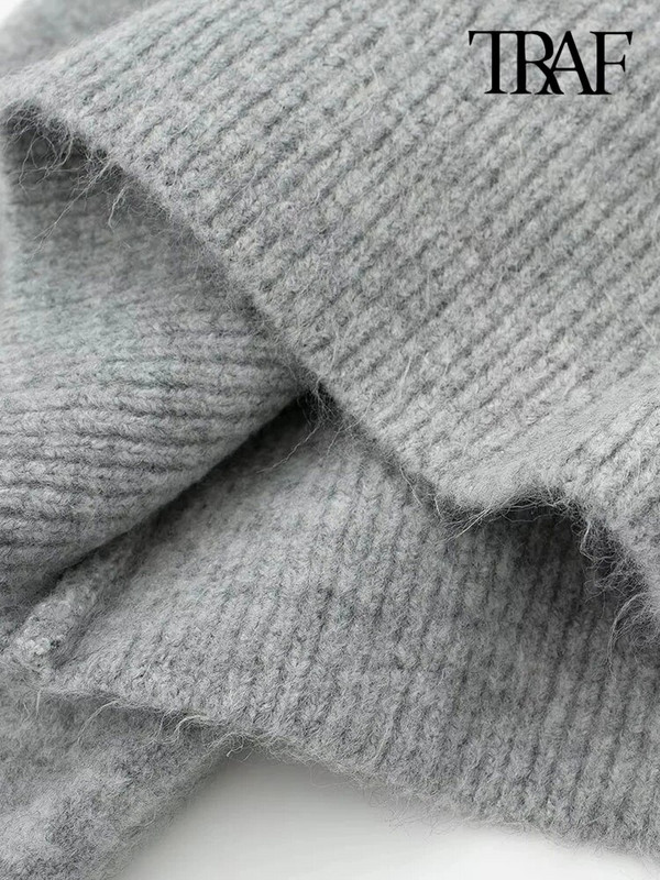 TRAF Sieviešu modes apgriezts trikotāžas džemperis Vintage O kakla ar garām piedurknēm Sieviešu džemperi Šiki topi