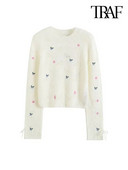 TRAF sieviešu modes ziedu izšuvumi Crop trikotāžas džemperis ar garām piedurknēm ar piesietiem sieviešu džemperiem, eleganti topi