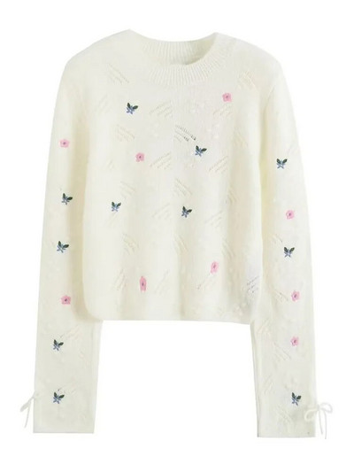 TRAF sieviešu modes ziedu izšuvumi Crop trikotāžas džemperis ar garām piedurknēm ar piesietiem sieviešu džemperiem, eleganti topi