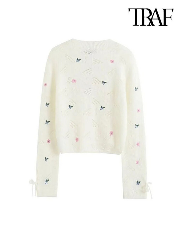TRAF sieviešu modes ziedu izšuvumi Crop trikotāžas džemperis ar garām piedurknēm ar piesietiem sieviešu džemperiem, eleganti topi