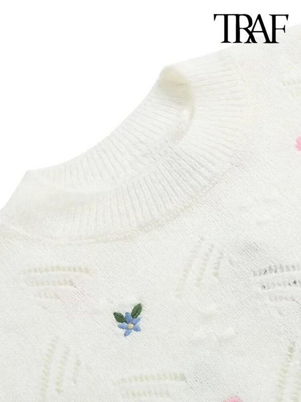 TRAF sieviešu modes ziedu izšuvumi Crop trikotāžas džemperis ar garām piedurknēm ar piesietiem sieviešu džemperiem, eleganti topi
