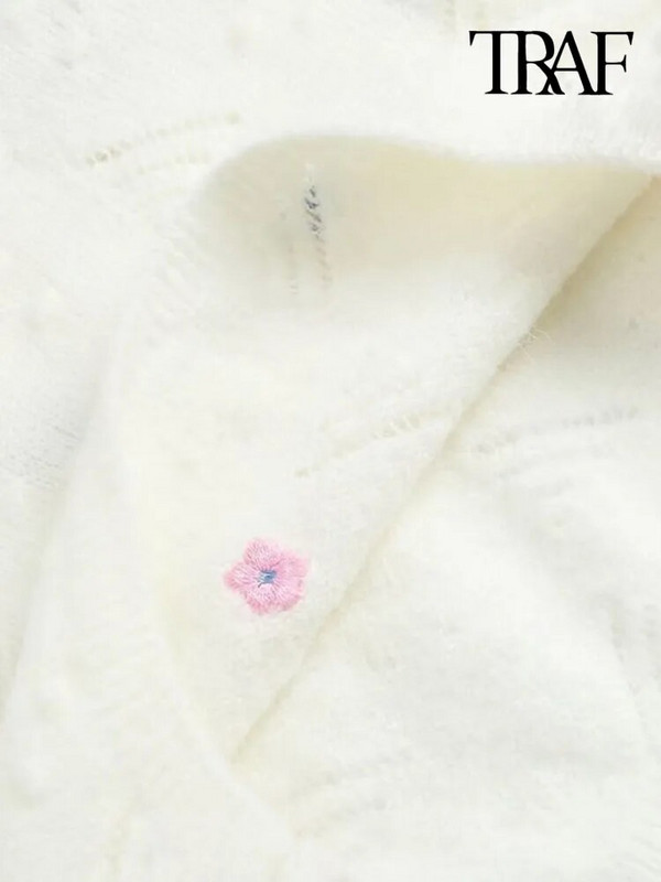 TRAF sieviešu modes ziedu izšuvumi Crop trikotāžas džemperis ar garām piedurknēm ar piesietiem sieviešu džemperiem, eleganti topi