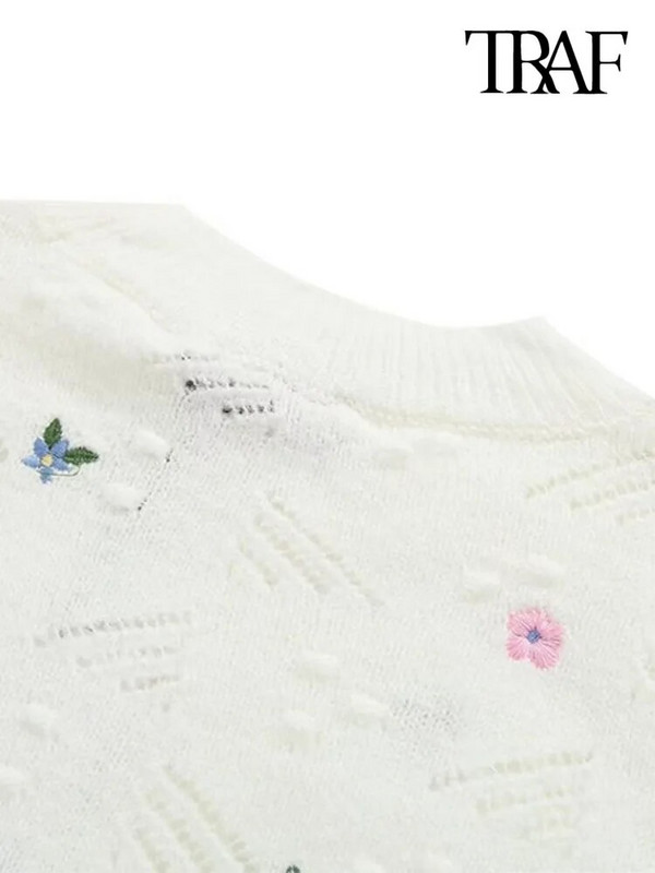 TRAF sieviešu modes ziedu izšuvumi Crop trikotāžas džemperis ar garām piedurknēm ar piesietiem sieviešu džemperiem, eleganti topi