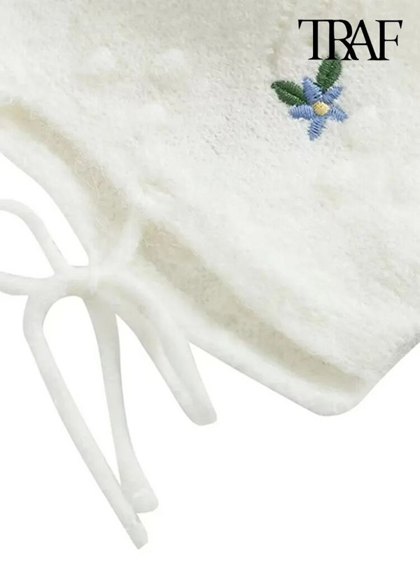 TRAF sieviešu modes ziedu izšuvumi Crop trikotāžas džemperis ar garām piedurknēm ar piesietiem sieviešu džemperiem, eleganti topi