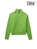 TRAF Sieviešu modes mīksts trikotāžas džemperis Vintage ar augstu kakla izgriezumu ar garām piedurknēm Sieviešu džemperi Šiki topi