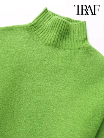 Μόδα TRAF Γυναικείο πουλόβερ μαλακό πλεκτό Vintage ψηλό λαιμό μακρυμάνικο γυναικεία πουλόβερ Κομψά μπλουζάκια