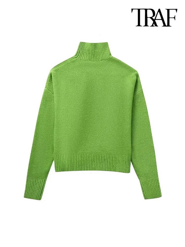 TRAF Sieviešu modes mīksts trikotāžas džemperis Vintage ar augstu kakla izgriezumu ar garām piedurknēm Sieviešu džemperi Šiki topi