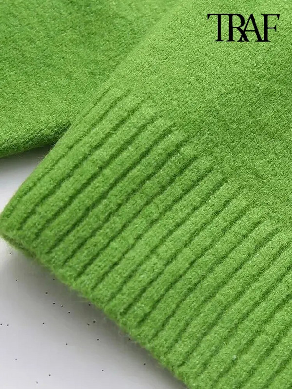 TRAF Sieviešu modes mīksts trikotāžas džemperis Vintage ar augstu kakla izgriezumu ar garām piedurknēm Sieviešu džemperi Šiki topi