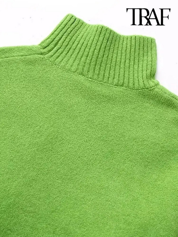 TRAF Sieviešu modes mīksts trikotāžas džemperis Vintage ar augstu kakla izgriezumu ar garām piedurknēm Sieviešu džemperi Šiki topi