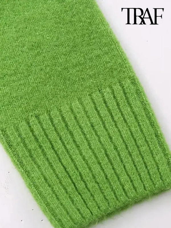 TRAF Sieviešu modes mīksts trikotāžas džemperis Vintage ar augstu kakla izgriezumu ar garām piedurknēm Sieviešu džemperi Šiki topi