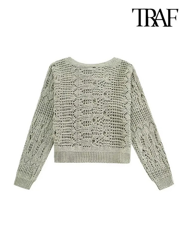 TRAF Női divat Vágott nyitott kötött pulóver Vintage O nyakú, hosszú ujjú női pulóverek Elegáns felsők
