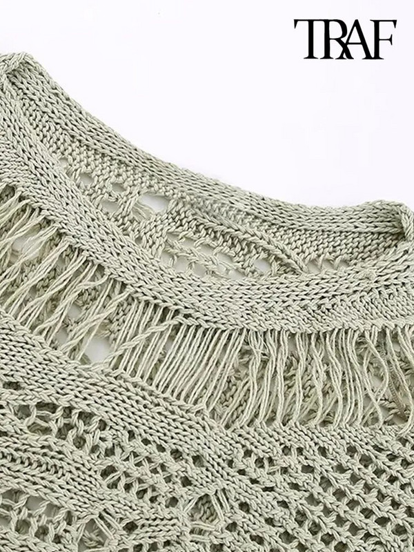 TRAF Női divat Vágott nyitott kötött pulóver Vintage O nyakú, hosszú ujjú női pulóverek Elegáns felsők
