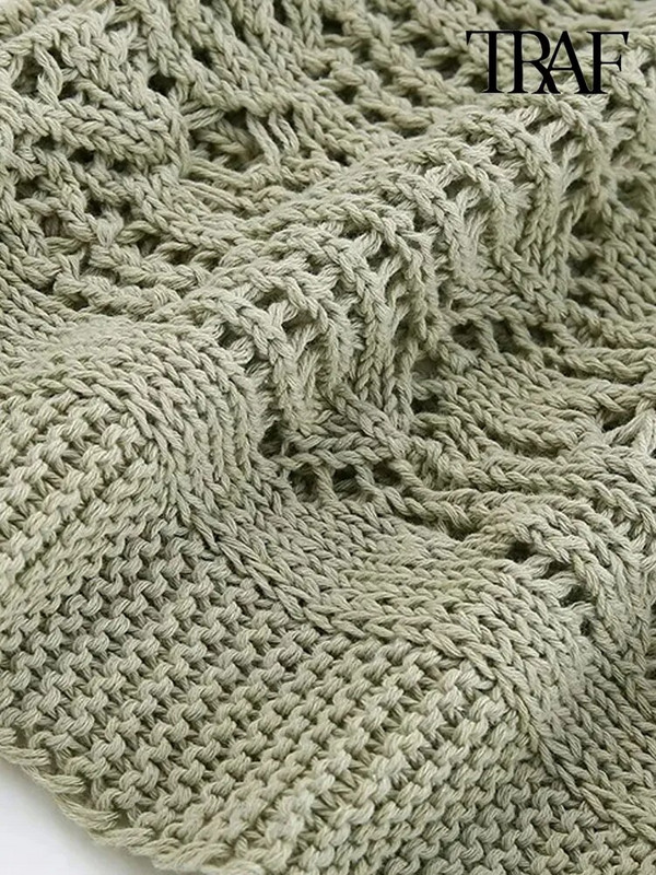 TRAF Női divat Vágott nyitott kötött pulóver Vintage O nyakú, hosszú ujjú női pulóverek Elegáns felsők
