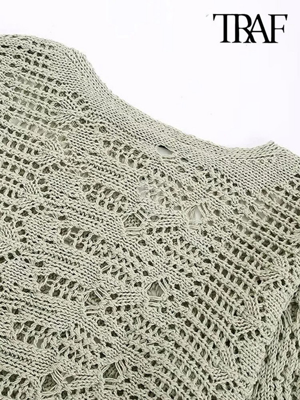 TRAF Női divat Vágott nyitott kötött pulóver Vintage O nyakú, hosszú ujjú női pulóverek Elegáns felsők