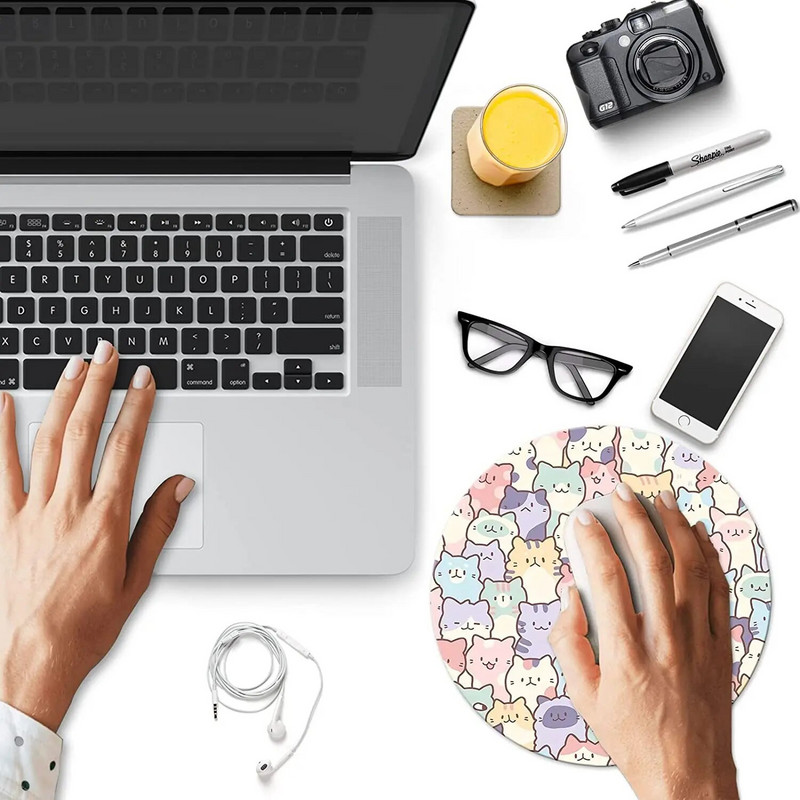 Cute Cat Round Mouse Pad Μικρό αντιολισθητικό μαξιλαράκι για ποντίκι Υπολογιστής και Laptop Mouse Pad για διακόσμηση gaming γραφείου 7,9x7,9 ιντσών