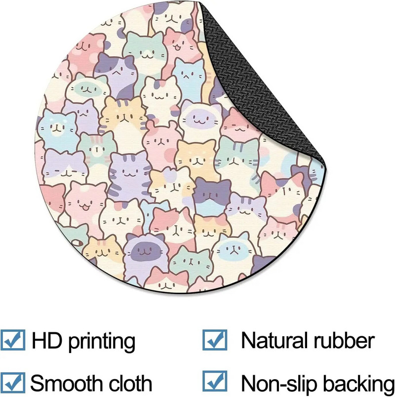 Cute Cat Round Mouse Pad Μικρό αντιολισθητικό μαξιλαράκι για ποντίκι Υπολογιστής και Laptop Mouse Pad για διακόσμηση gaming γραφείου 7,9x7,9 ιντσών