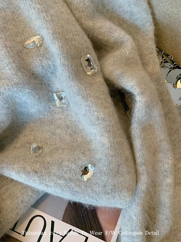 Ikdienišķi pelēki mohēras džemperi rudens ziemas modes ar O veida kakla trikotāžas džemperi Kristāla dimanti Biroja dāmu lielizmēra ielas apģērbs