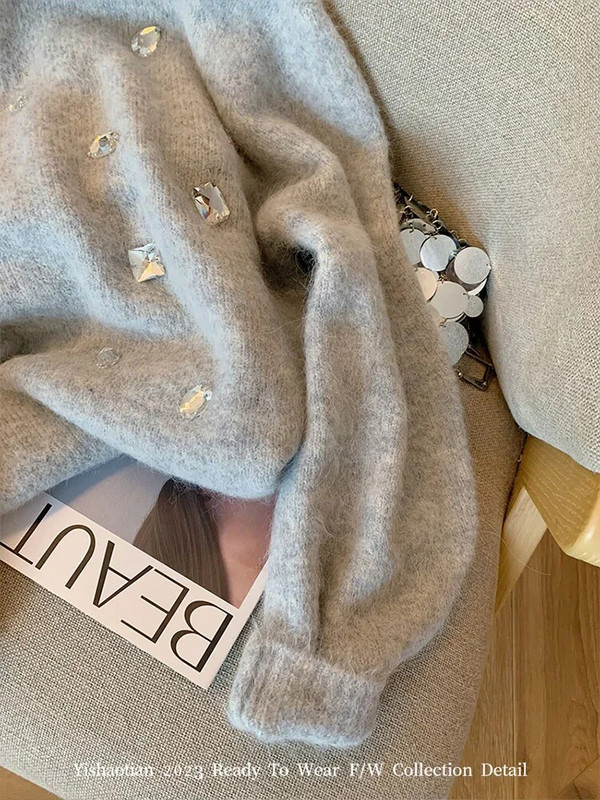 Ikdienišķi pelēki mohēras džemperi rudens ziemas modes ar O veida kakla trikotāžas džemperi Kristāla dimanti Biroja dāmu lielizmēra ielas apģērbs