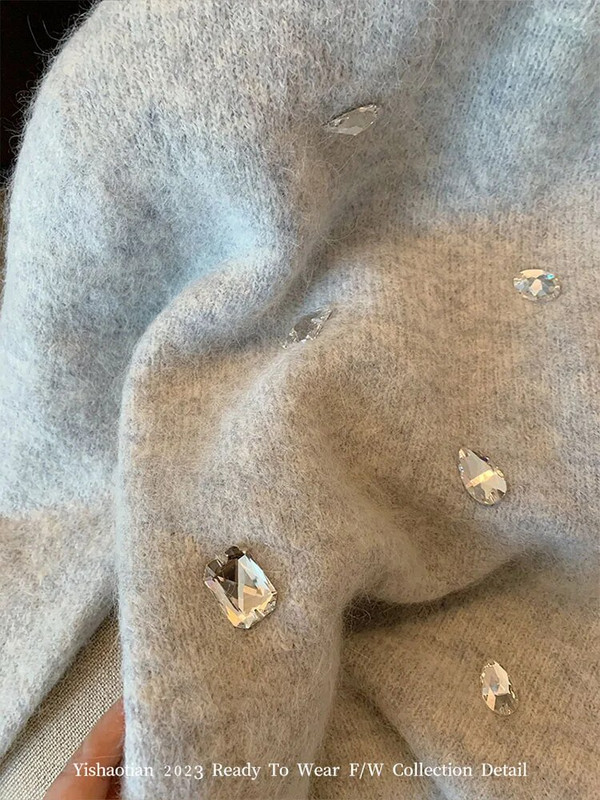 Ikdienišķi pelēki mohēras džemperi rudens ziemas modes ar O veida kakla trikotāžas džemperi Kristāla dimanti Biroja dāmu lielizmēra ielas apģērbs