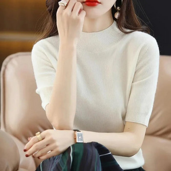 Άνοιξη Καλοκαίρι Γυναικεία πουλόβερ Κοντό μανίκι Πλεκτό πουκάμισο με λαιμόκοψη 2023 Πουλόβερ Camel Κορεάτικα πουλόβερ