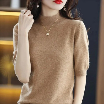 Άνοιξη Καλοκαίρι Γυναικεία πουλόβερ Κοντό μανίκι Πλεκτό πουκάμισο με λαιμόκοψη 2023 Πουλόβερ Camel Κορεάτικα πουλόβερ